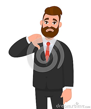 Young business man showing thumbs down sign, dislike, looks with negative expression and disapproval. Vector Illustration