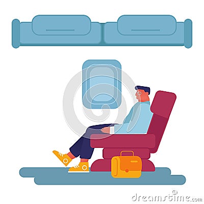 Young Business Man Sitting in Comfortable Airplane Seat Relaxing during Flight. Businessman Passenger Travel by Plane Vector Illustration