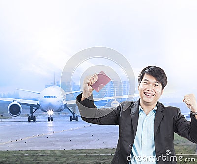 Young business man and visa passport in hand was approve with ha Stock Photo