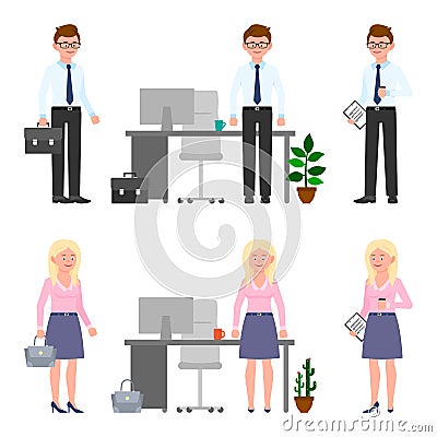 Young business man and woman vector. Standing with bag, notepad, side view, drinking coffee male and female cartoon character Vector Illustration