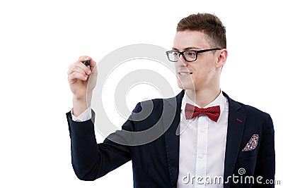 Young business man writing something on an imaginary screen and Stock Photo