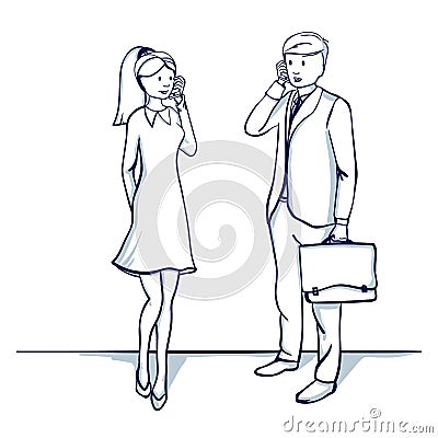 Young business people: a man and a woman are talking on the phone. Vector Illustration