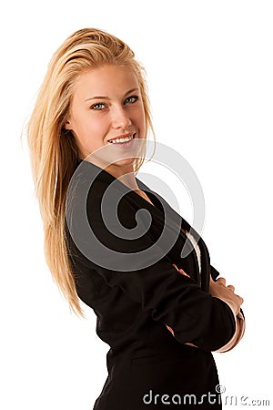 Young business woman with blonde hair and blue eyes gesturing success showing thumb up isolated over white Stock Photo