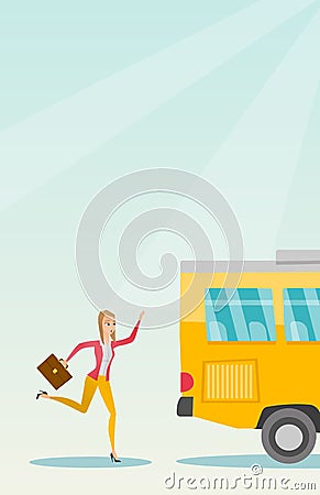 Caucasian latecomer woman running for the bus. Vector Illustration