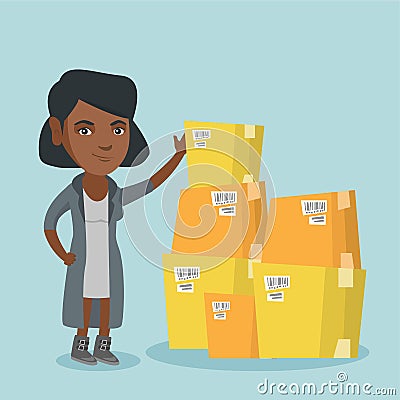 Young business woman checking boxes in warehouse. Vector Illustration