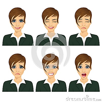 Young business woman with different facial expressions Vector Illustration