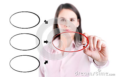 Young business woman drawing diagram on whiteboard, white background. Stock Photo