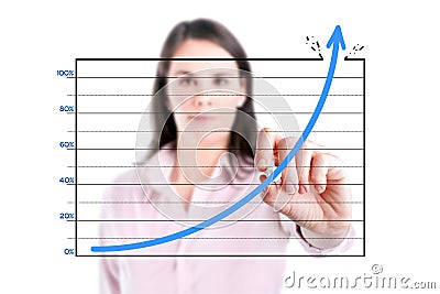 Young business woman drawing over target achievement graph, white background. Stock Photo