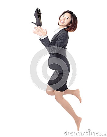 Young Business woman happy jump and throw shoes Stock Photo