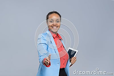 Young Business Woman Hold Tablet Computer African American Girl Handshake Welcome Gesture Stock Photo