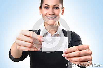 A young business woman holding a visit card Stock Photo