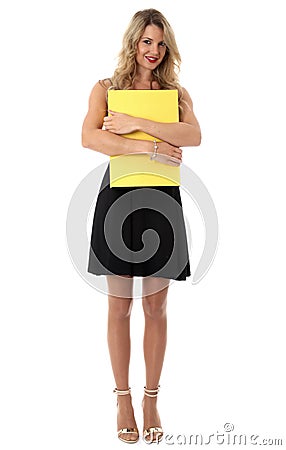 Young Business Woman Holding a Yellow Office Box File Stock Photo