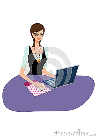 Young business woman on a laptop Cartoon Illustration