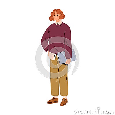 Young business woman. Modern businesswoman, entrepreneur in fashion apparel, holding laptop in hand. Female office Vector Illustration