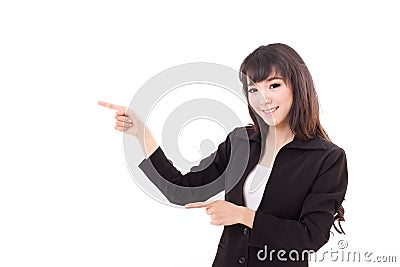 Young business woman point her hands and fingers away Stock Photo