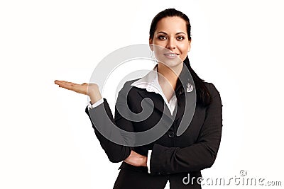 Young business woman pointing at copyspace Stock Photo