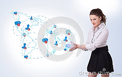 Young business woman presenting social map Stock Photo