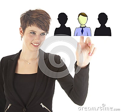 Young business woman selecting virtual friends isolated Stock Photo