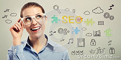 Young business woman with SEO concepts Stock Photo
