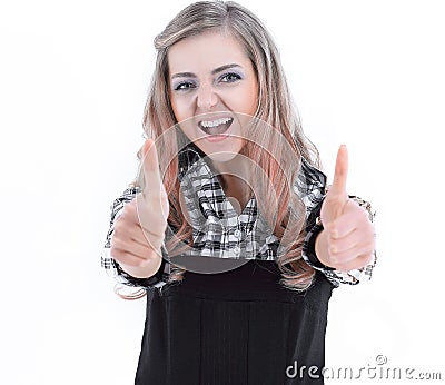 Young business woman showing thumb up. isolated on white Stock Photo