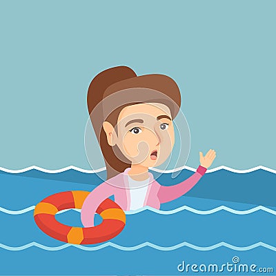 Young business woman sinking and asking for help. Vector Illustration