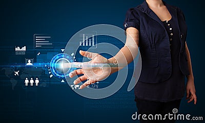 Young business woman touching future web technology buttons and Stock Photo