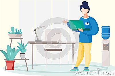 Young business woman is working on laptop computer. Secretary employee in office workspace Vector Illustration