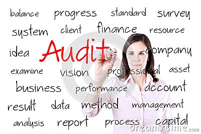 Young business woman writing audit concept. Isolated on white. Stock Photo