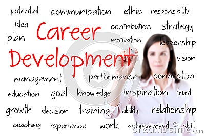 Young business woman writing career development concept. Isolated on white. Stock Photo