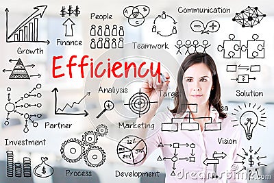 Young business woman writing concept of efficiency business process. Office background. Stock Photo