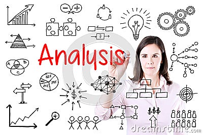 Young business woman writing data analysis. Isolated on white. Stock Photo