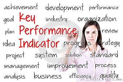 Young business woman writing key performance indicator (kpi) concept. Isolated on white. Stock Photo