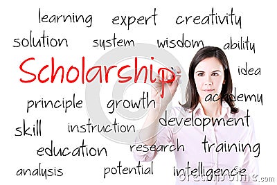 Young business woman writing scholarship concept. Isolated on white. Stock Photo