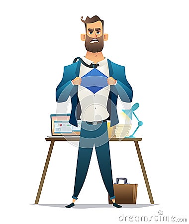 Young businessman acting like a super hero and tearing his shirt on workplace Vector Illustration