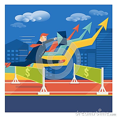 Young businessman or broker jumping over career obstacles. Succe Vector Illustration