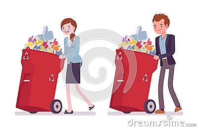 Young businessman and businesswoman pushing wheeled trash bins with likes Vector Illustration