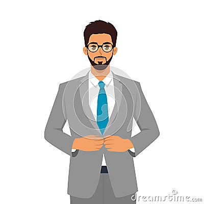 Young Businessman buttoning suit jacket with Tie looking at viewers Cartoon Illustration