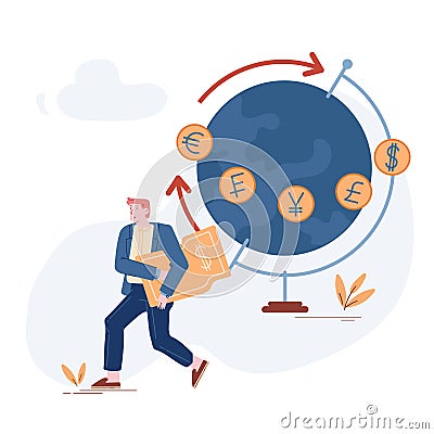 Young Businessman Carry Dollar Bill Passing Huge Globe with Different Currency Symbols Euro Franc Yen Pound Dollar Vector Illustration