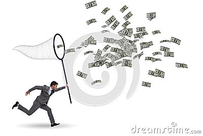 Young businessman catching dollars with landing net Stock Photo