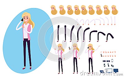 Young Businessman character creation set for animation. Set of business woman using smartphone. Parts body template. Vector Illustration