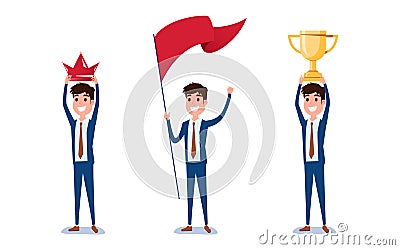 Young businessman character design. Set of guy acting in suit holds crown, flag, trophy of success, Different emotions, poses Vector Illustration