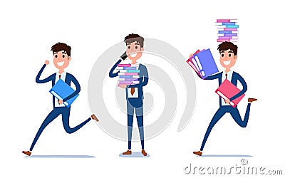 Young businessman character design. Set of guy acting in suit working in office, Different emotions, poses and running, walking Vector Illustration