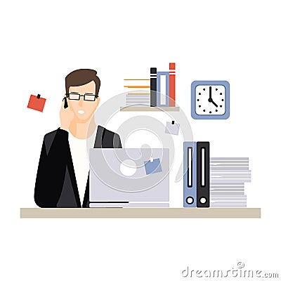 Young businessman character sitting at the computer desk with laptop and talking by phone, daily life of office employee Vector Illustration