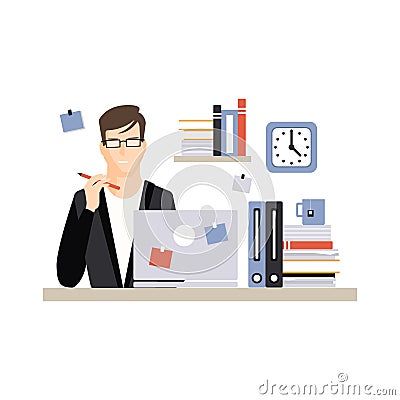 Young businessman character sitting at the desk with laptop and working, daily life of office employee vector Vector Illustration