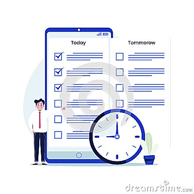Young businessman checklist in mobile application. To do list, teamwork, successeful work planning concept Vector Illustration