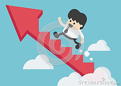 Young businessman climbing the arrow stairs to success Vector Illustration