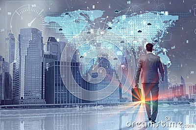 The young businessman in cloud computing concept Stock Photo