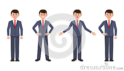 Young businessman in dark blue suit cartoon character. Vector illustration of smart male clerk in different poses. Vector Illustration