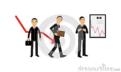 Young Businessman Depressed Because of Economic Downfall and Regression Vector Illustration Set Vector Illustration
