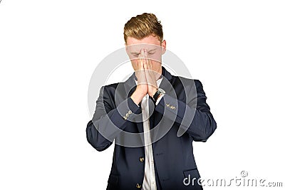 Young businessman in despair clutched his head. Stock Photo